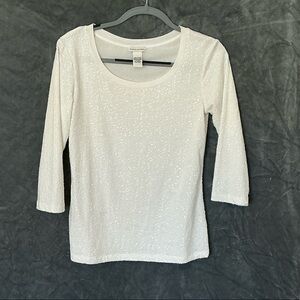 Doncaster White Sequin Scoop Neck Three-Quarter Sleeve Top- Size Small